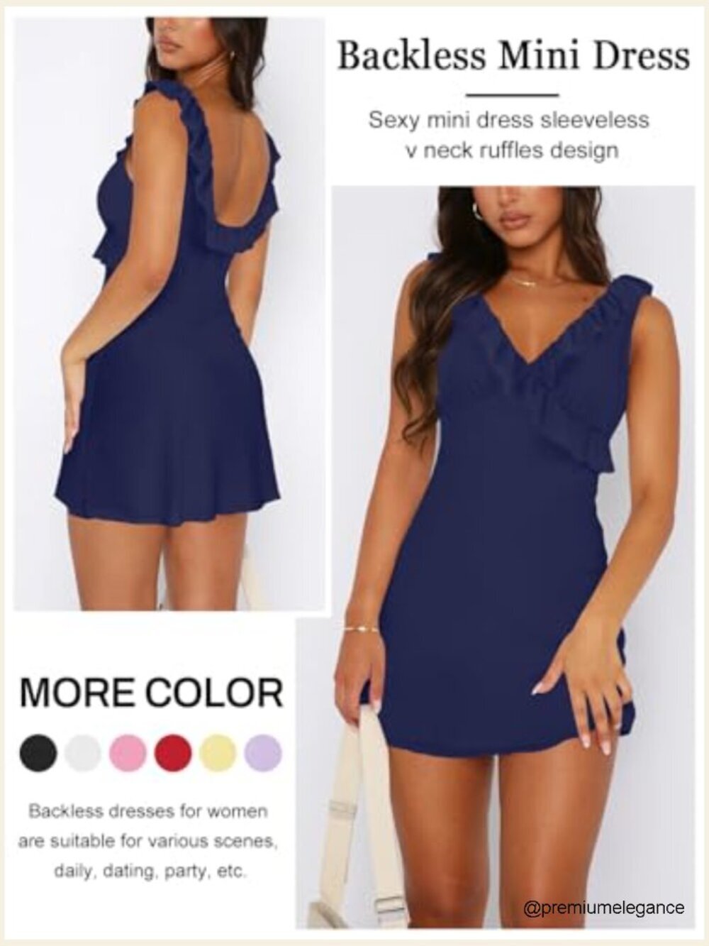 V-Neck Sleeveless Backless Ruffles Mini Dress Bodycon Cocktail Party - Picture 3 of 5